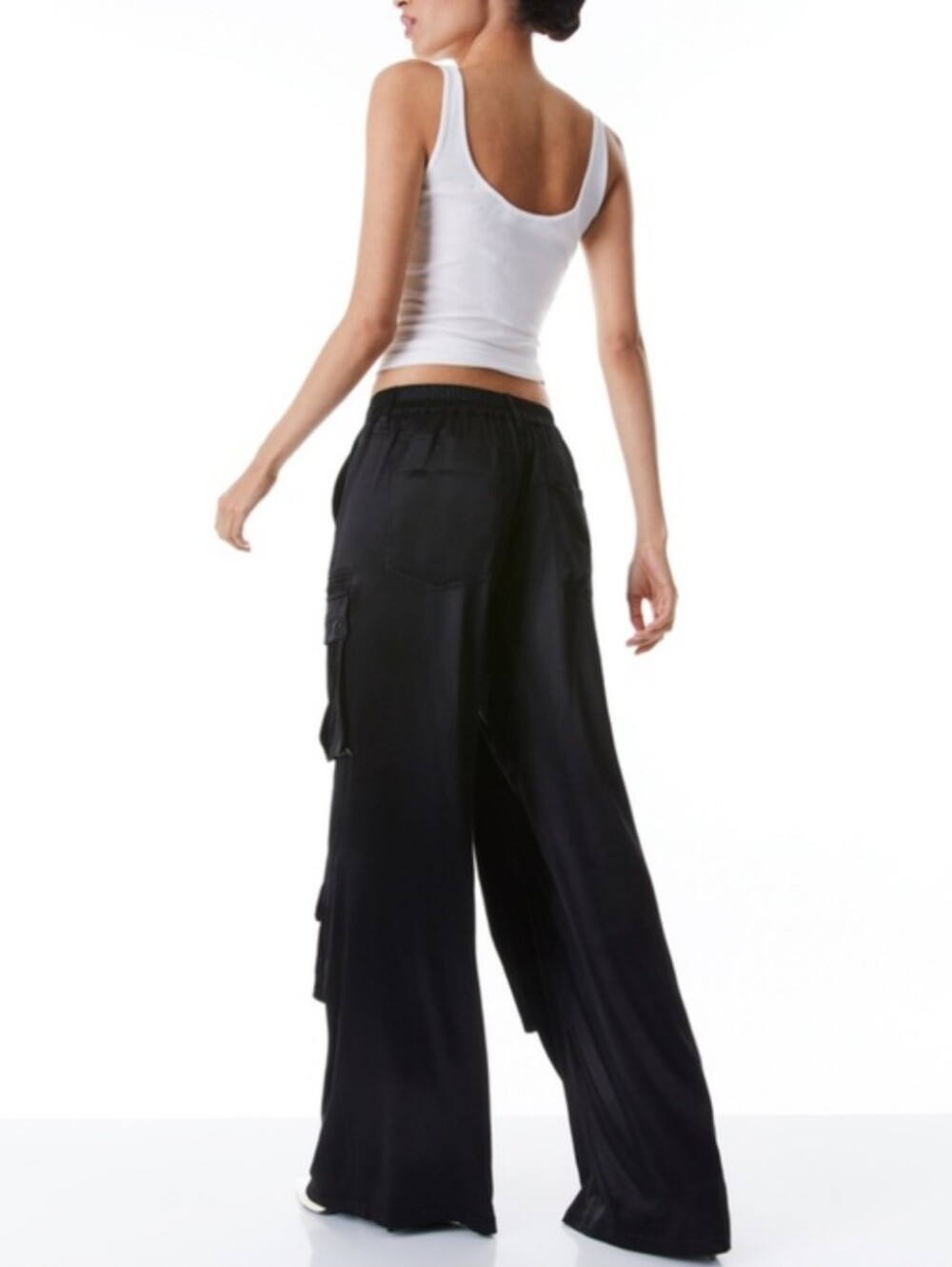 Alice & Olivia Black Satin Joette Wide Leg Cargo Pants
